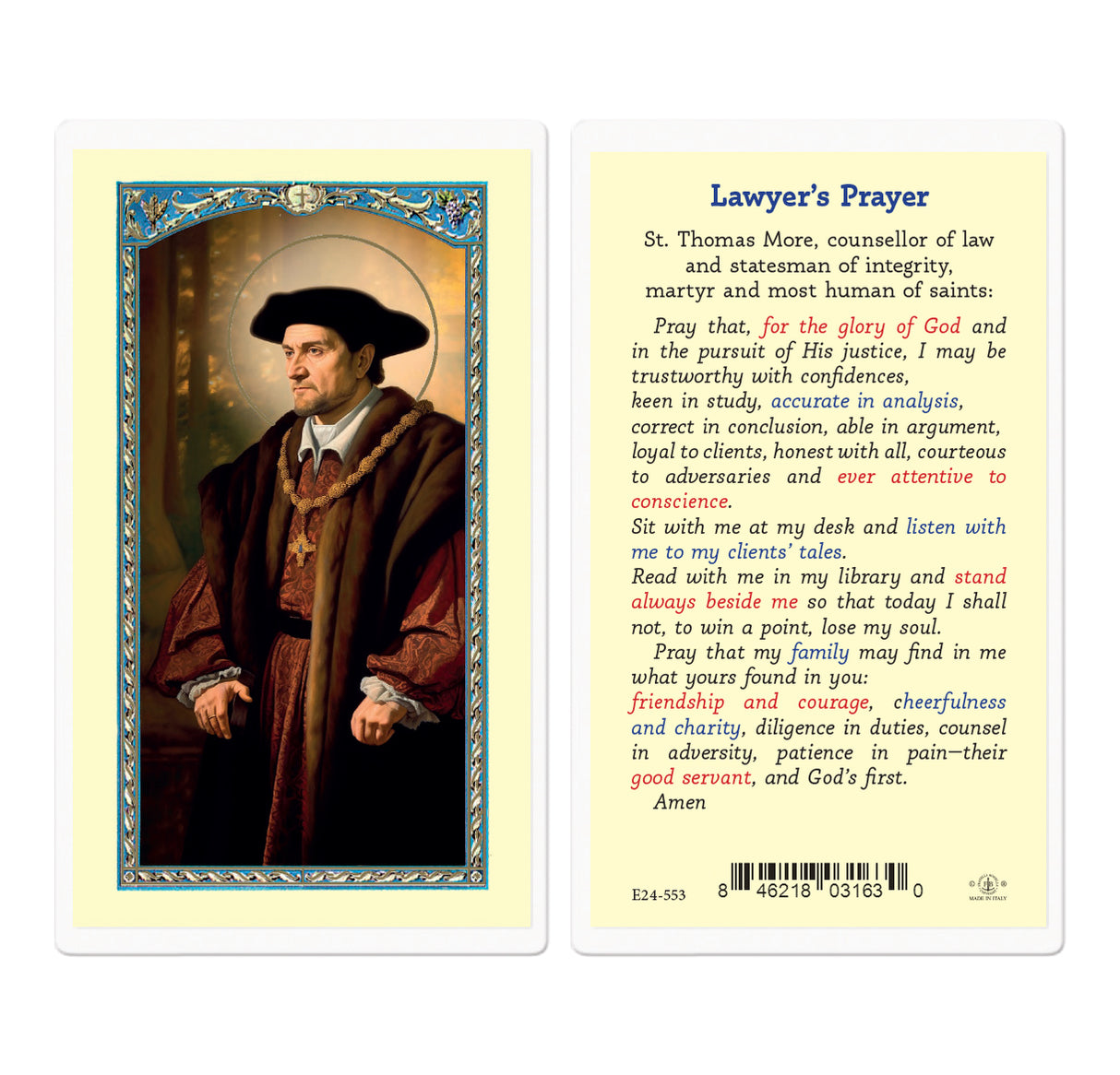 Saint Thomas More Lawyer's Prayer Card E24-553