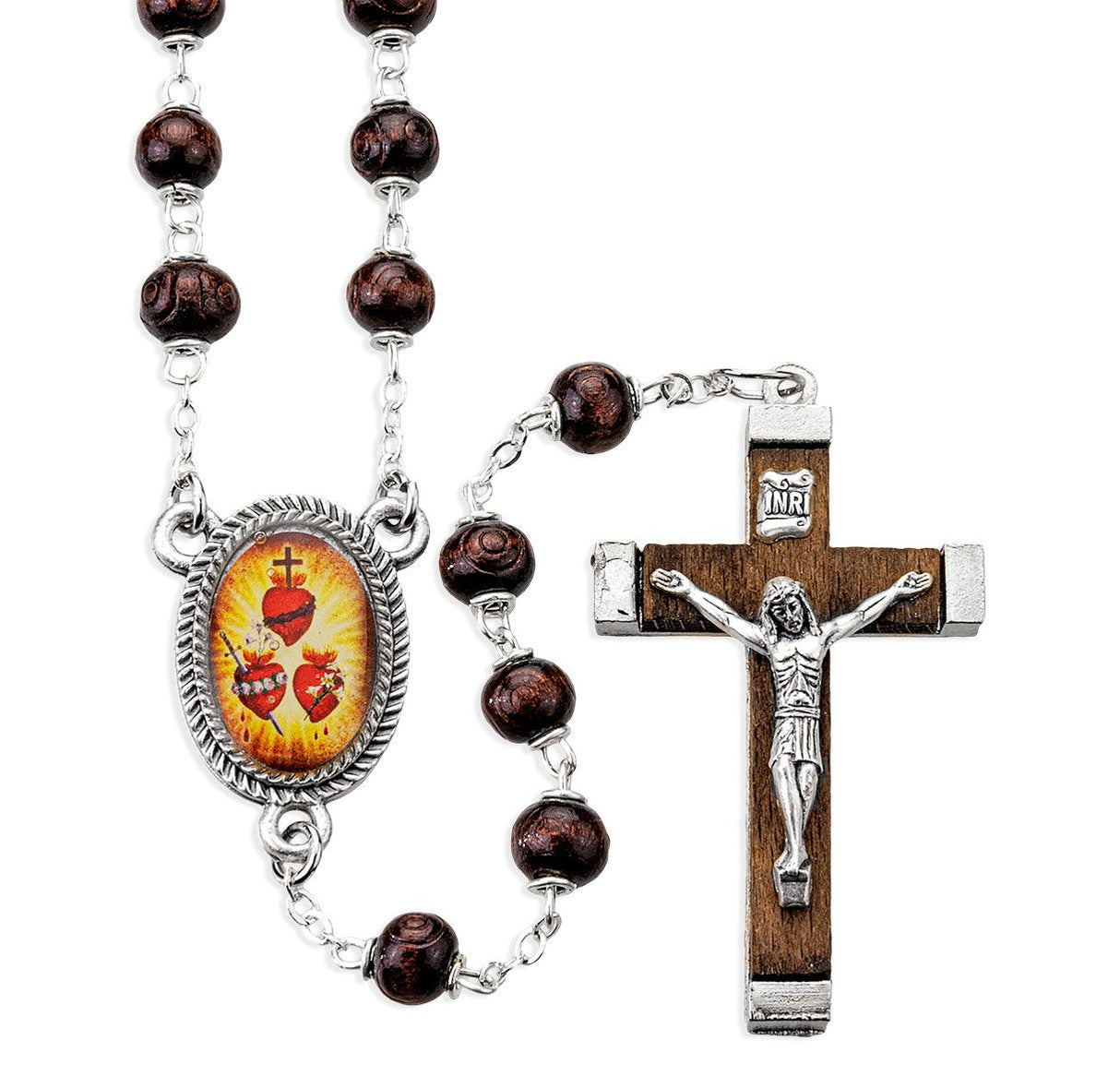 Three Hearts Carved Wood Bead Rosary 050MR-978