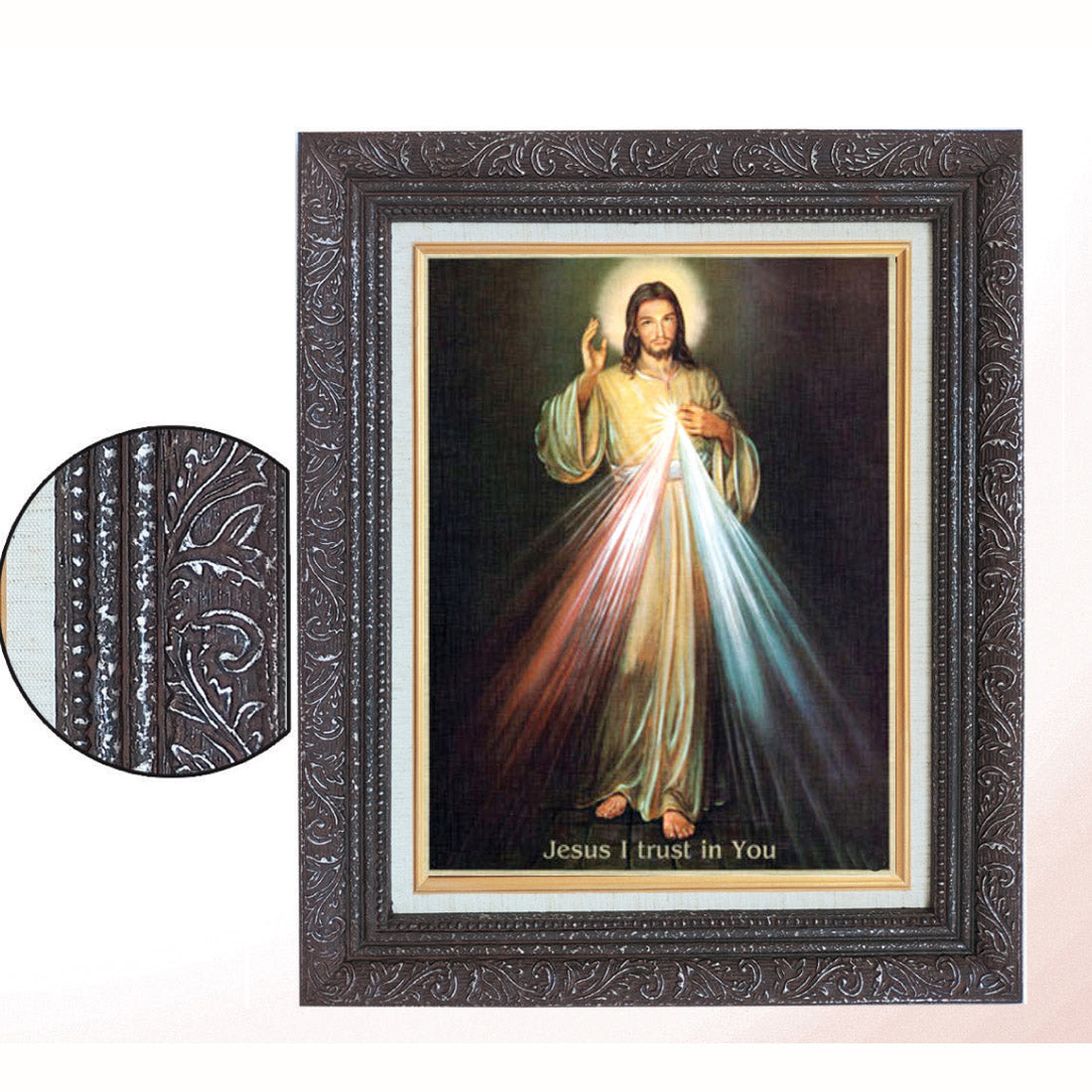 Divine Mercy Dark Wood in Linen Frame 16x20