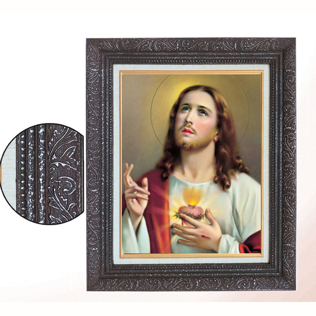 Simeone Sacred Heart of Jesus in Dark Wood Frame with Linen Liner