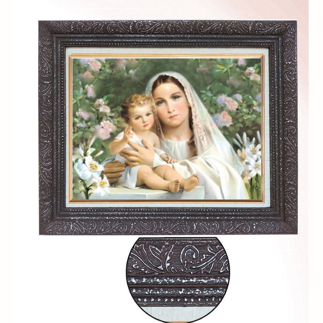 Madonna of the Lilies in Dark Wood Framed with Linen Liner