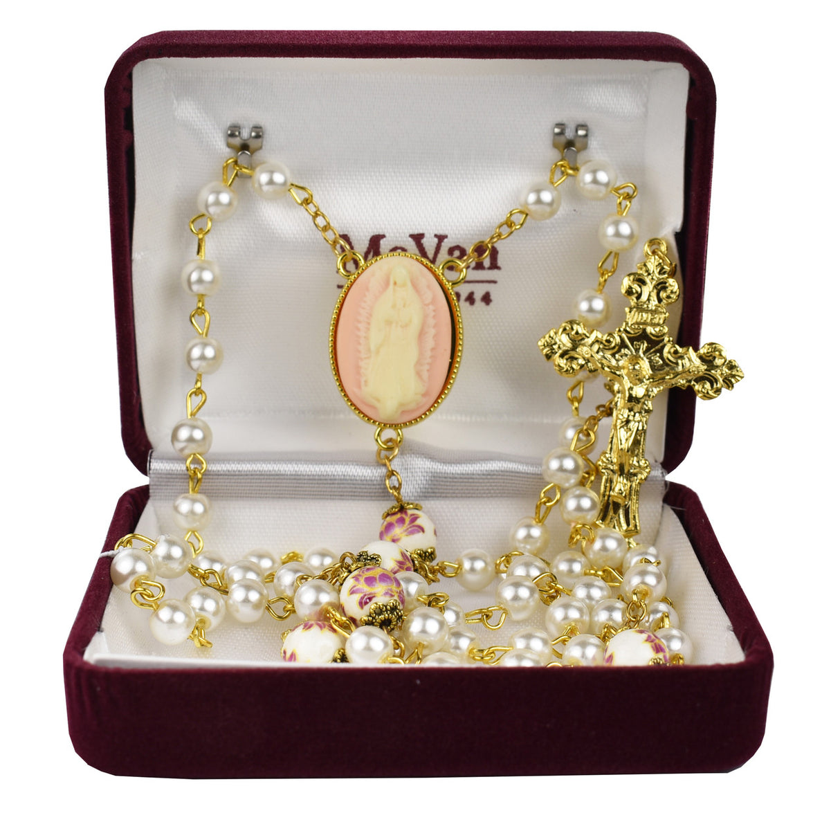 6mm Pearl & Our Lady Guadalupe Cameo Rosary R919F