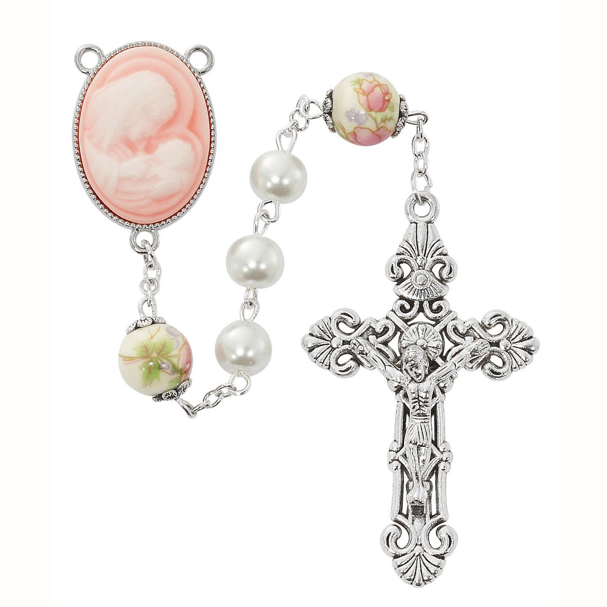 8mm Pearl & Madonna with Child Cameo Rosary R953F