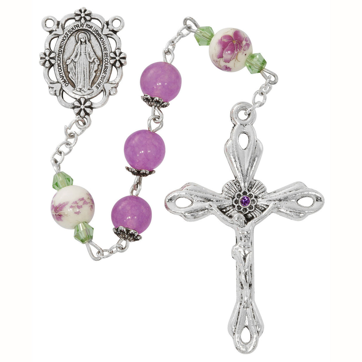 8mm Lavender Bead & Ceramic Flower Rosary R934F