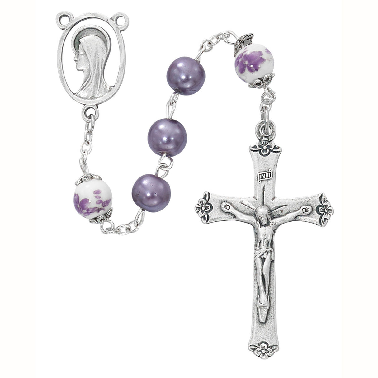 Purple and White Floral Ceramic Rosary R773F