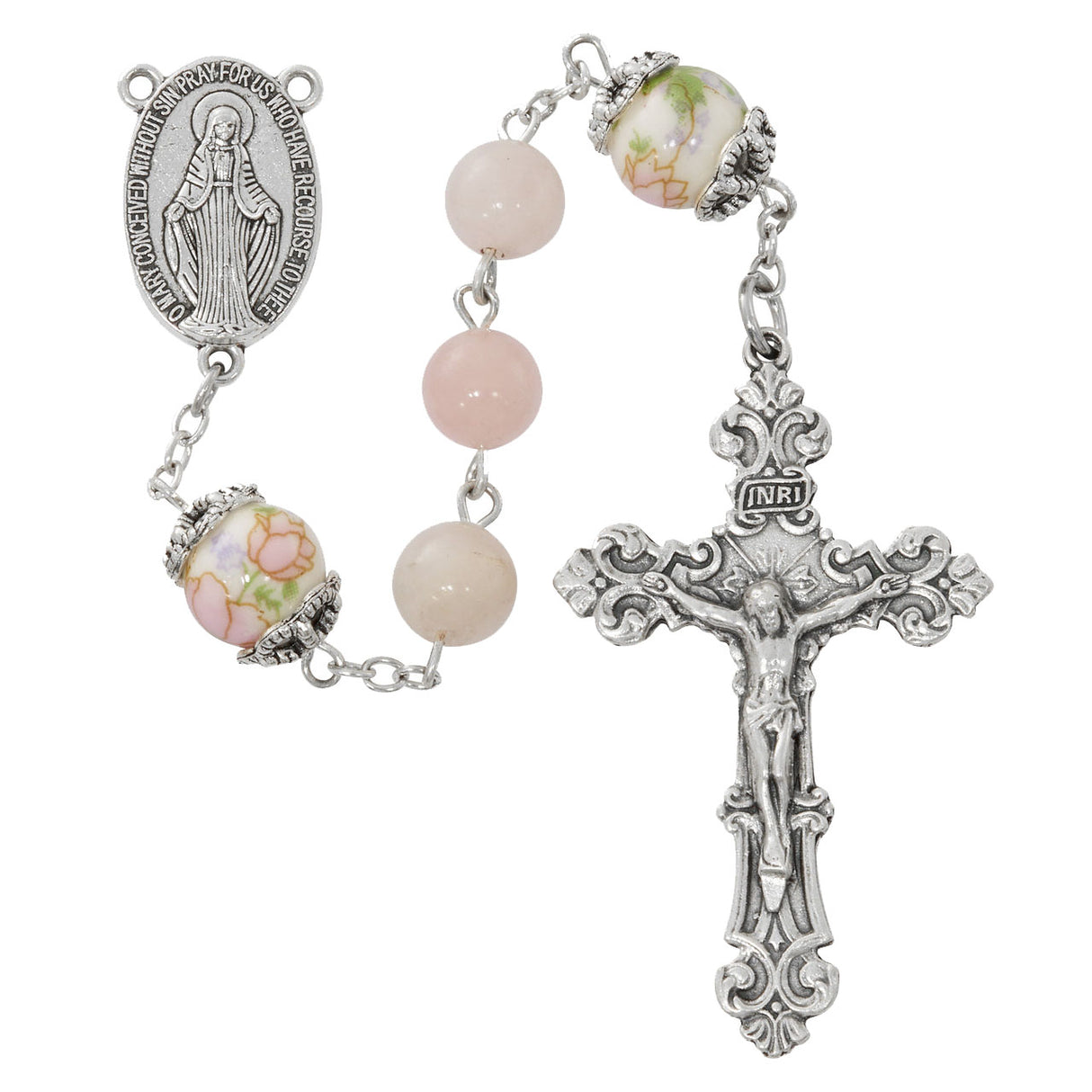 8mm Rose Quartz & Floral Ceramic Rosary R932F