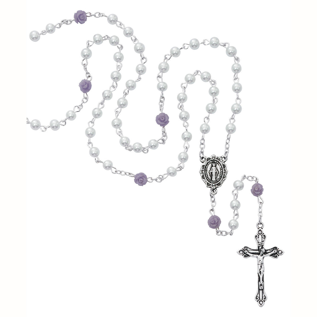4mm White Pearl & Purple Roses Rosary R799G