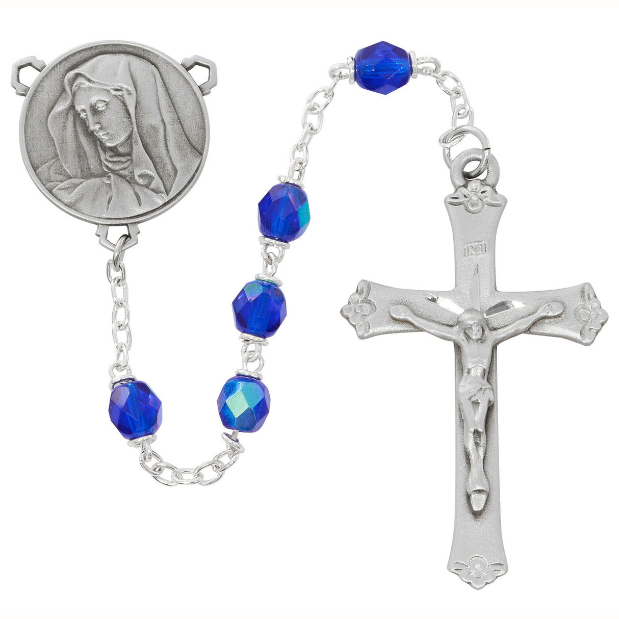 Deluxe Our Lady of Sorrow 6mm Blue Crystal Rosary R943F