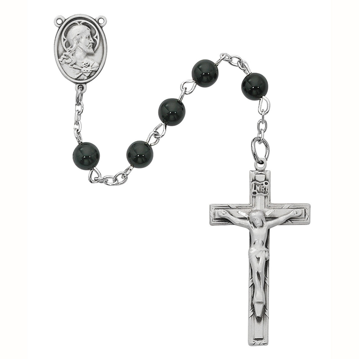 Genuine Black Onyx Rosary with Pewter Center & Crucifix R937F