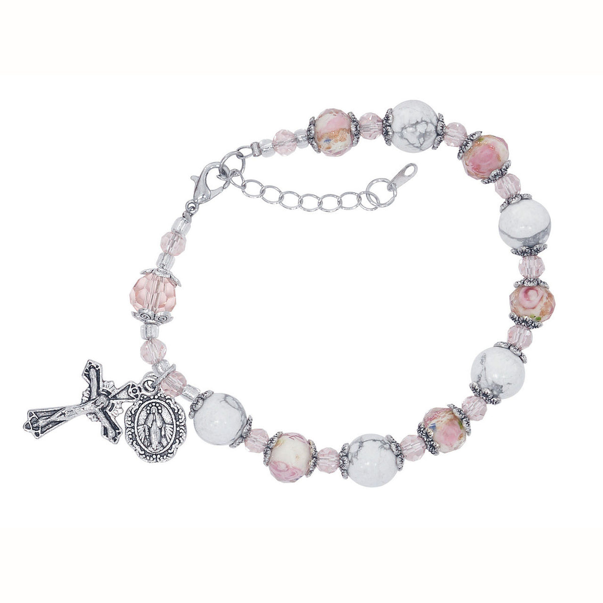 White Howolite Stone & Floral Crystal Rosary Bracelet BR358