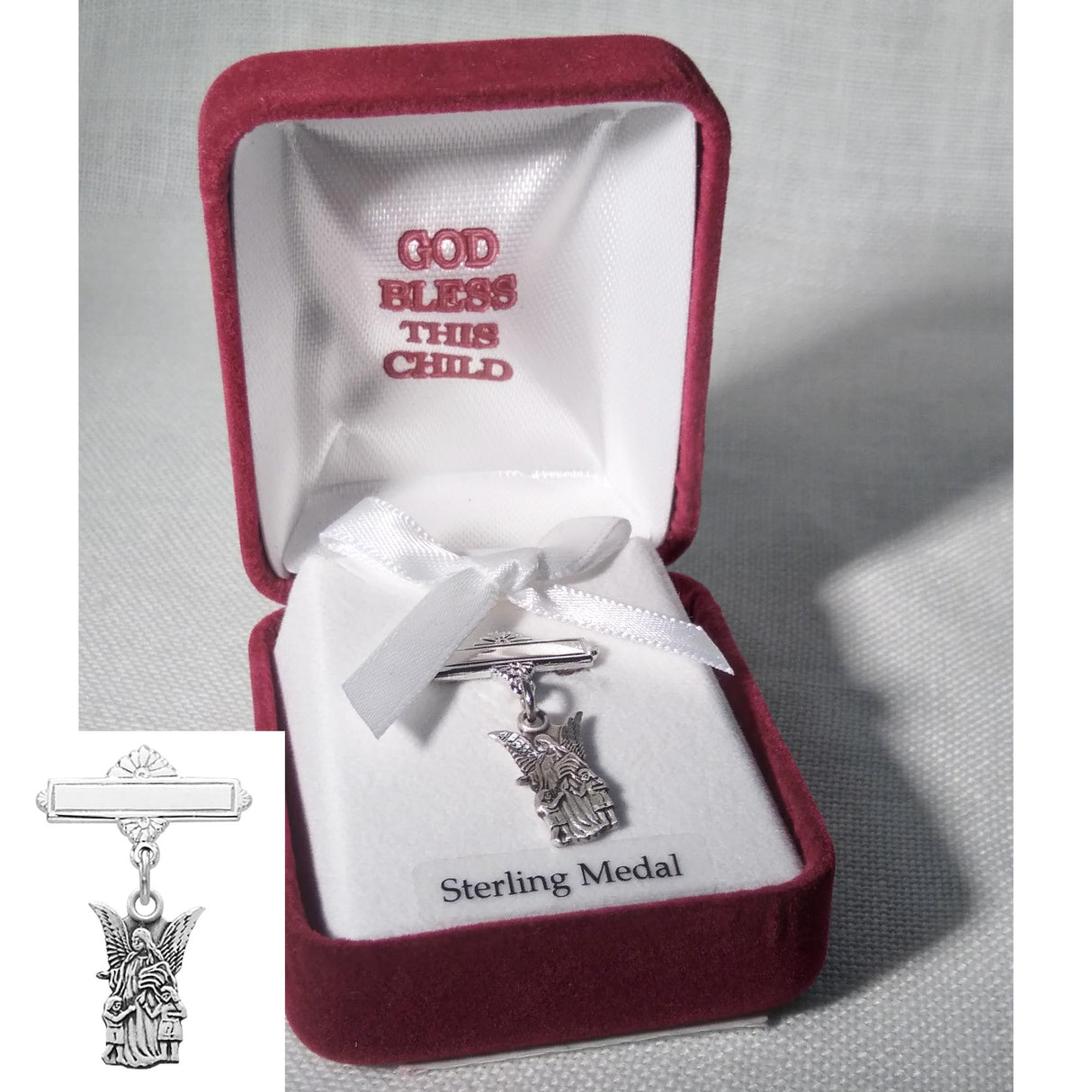 Sterling Silver Baby Guardian Angel Medal on Bar Pin