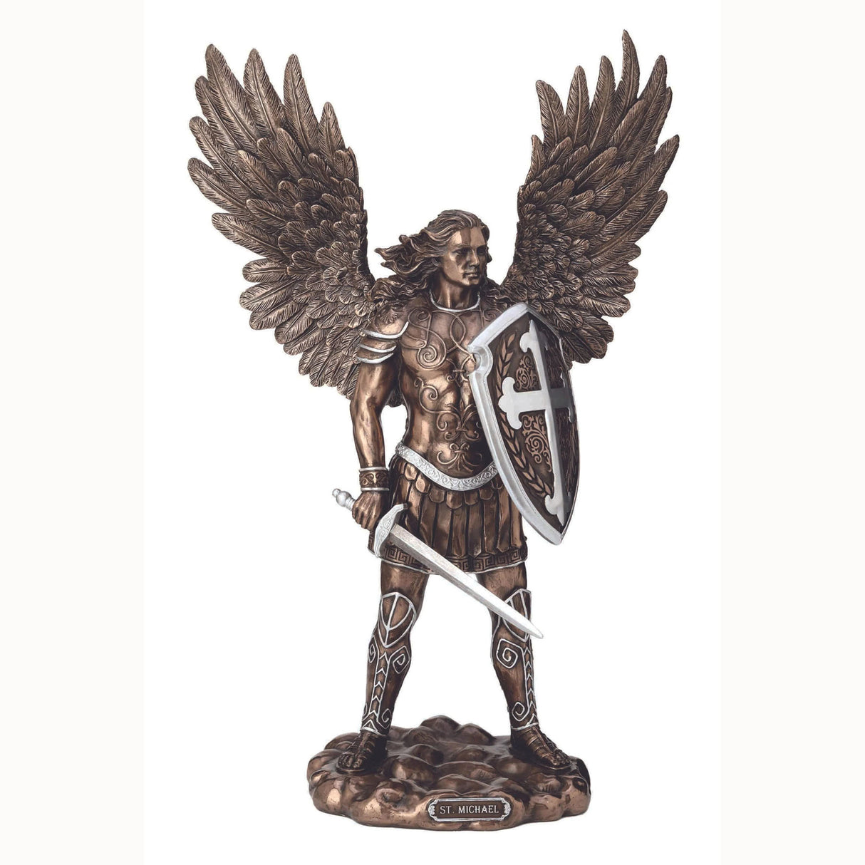 13.5 inch St Michael Statue without Devil Bronze with Pewter Highlights