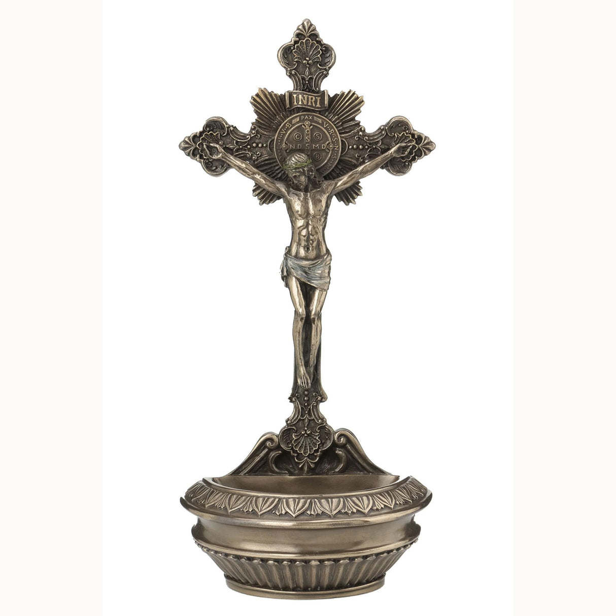 Self Standing St Benedict Crucifix Holy Water Font in Cold-cast Bronze