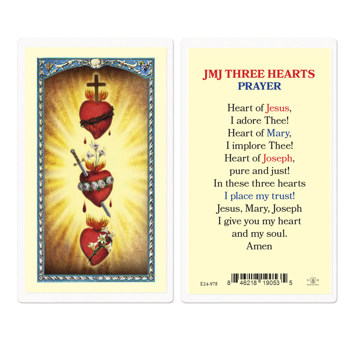 JMJ Three Hearts Laminated Prayer Card - E24-978
