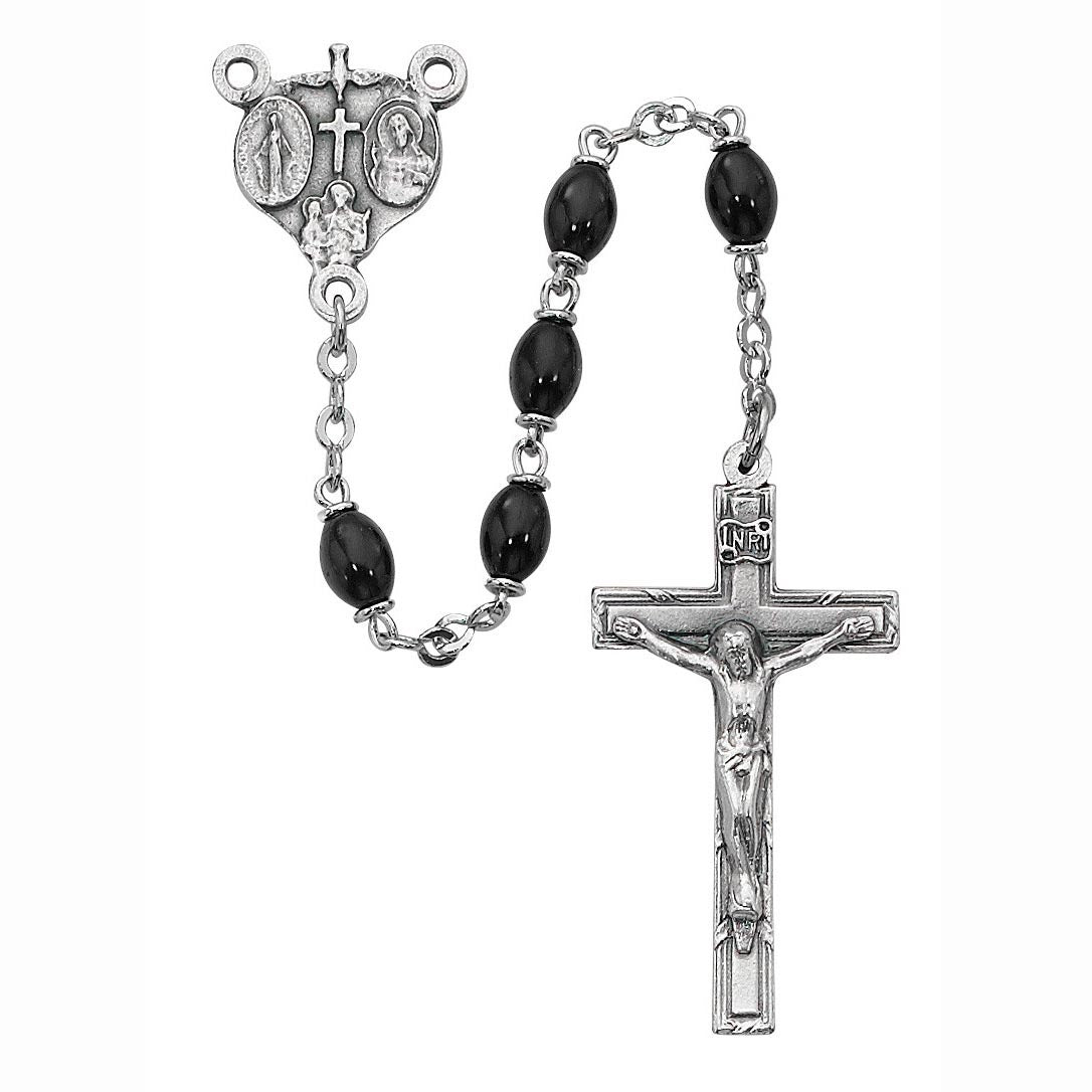 Black Glass and Sterling Oval Beads Rosary for Men