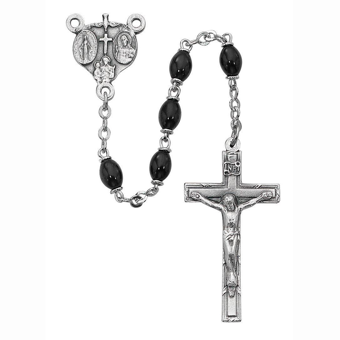 Deluxe Black Glass Rosary in Pewter