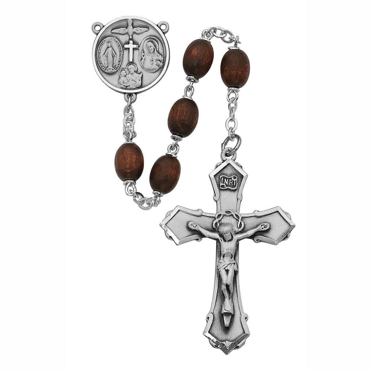Dark Brown Wood and Pewter Rosary
