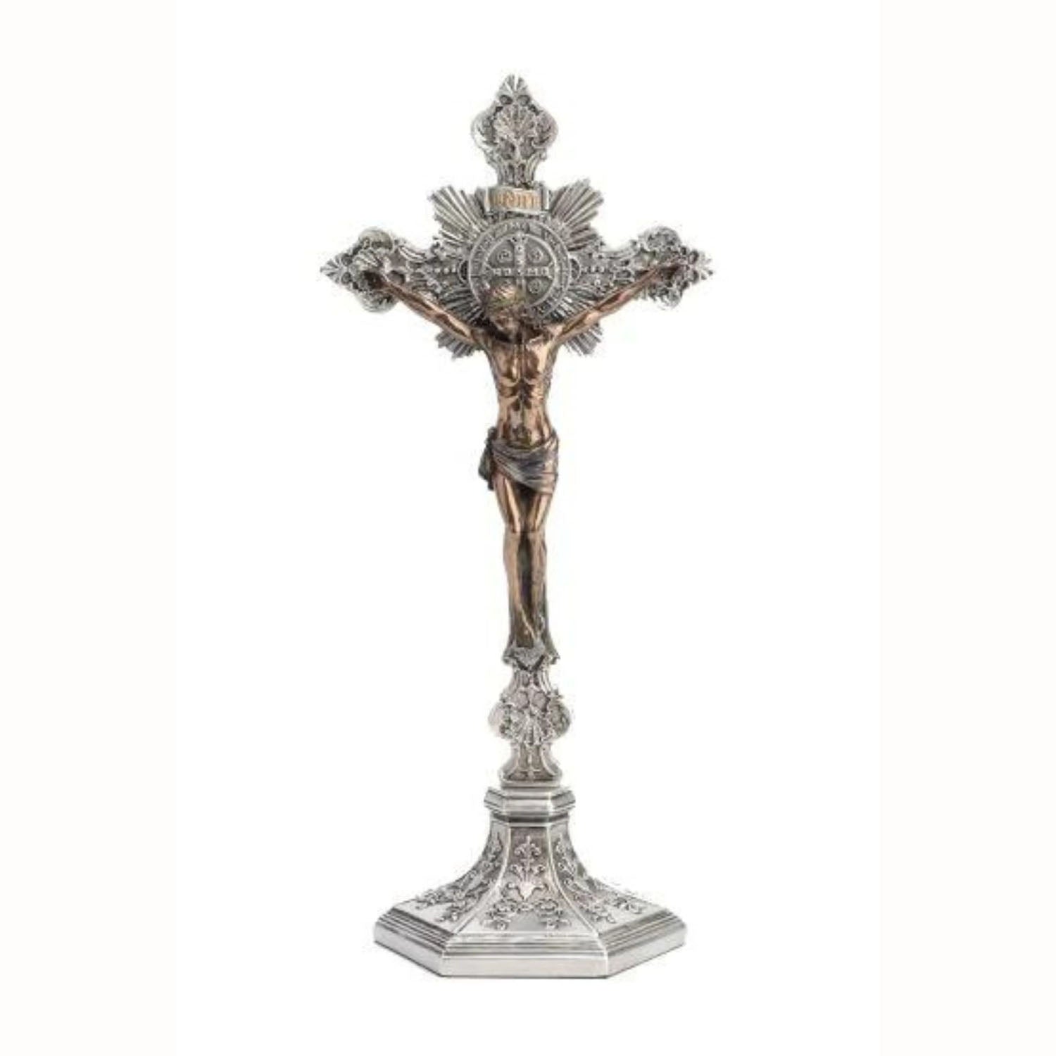 Pewter Finish St Benedict Standing Crucifix - 7.5 inches tall
