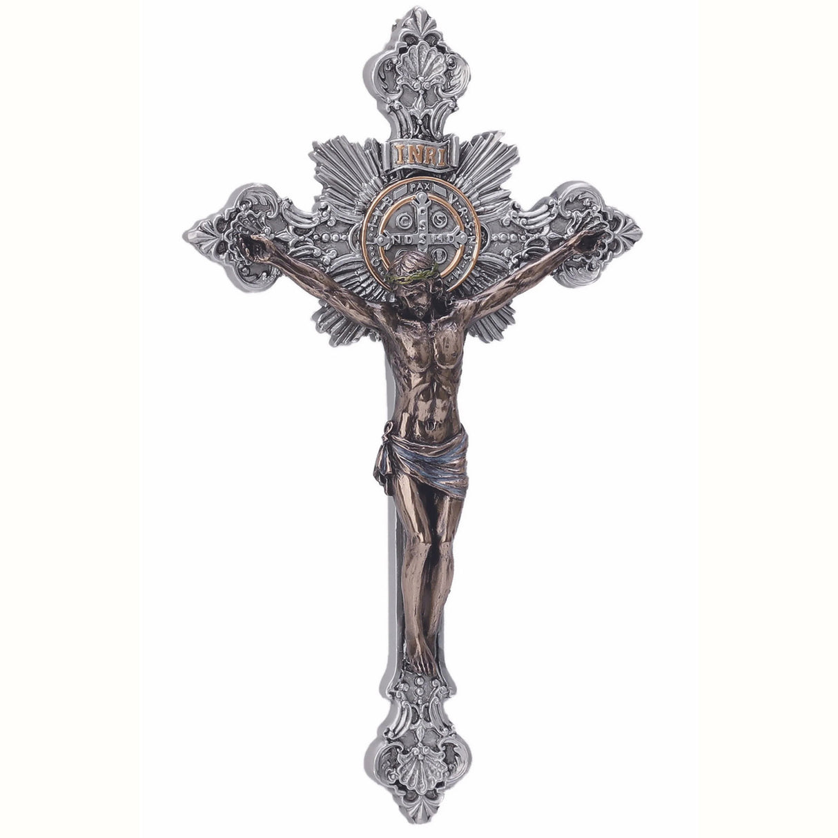 14 inch Pewter & Gold Finish St. Benedict Crucifix