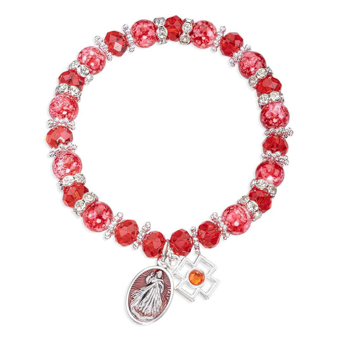 Rosary Bracelet with Red Epoxied Divine Mercy & Guadalupe Medal