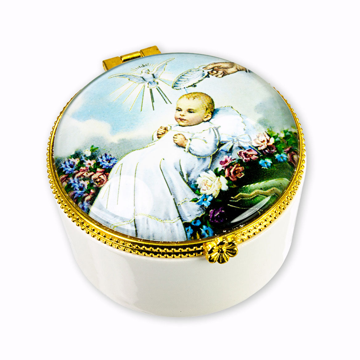 Baptism Round Porcelain Box with Glass Top 5992