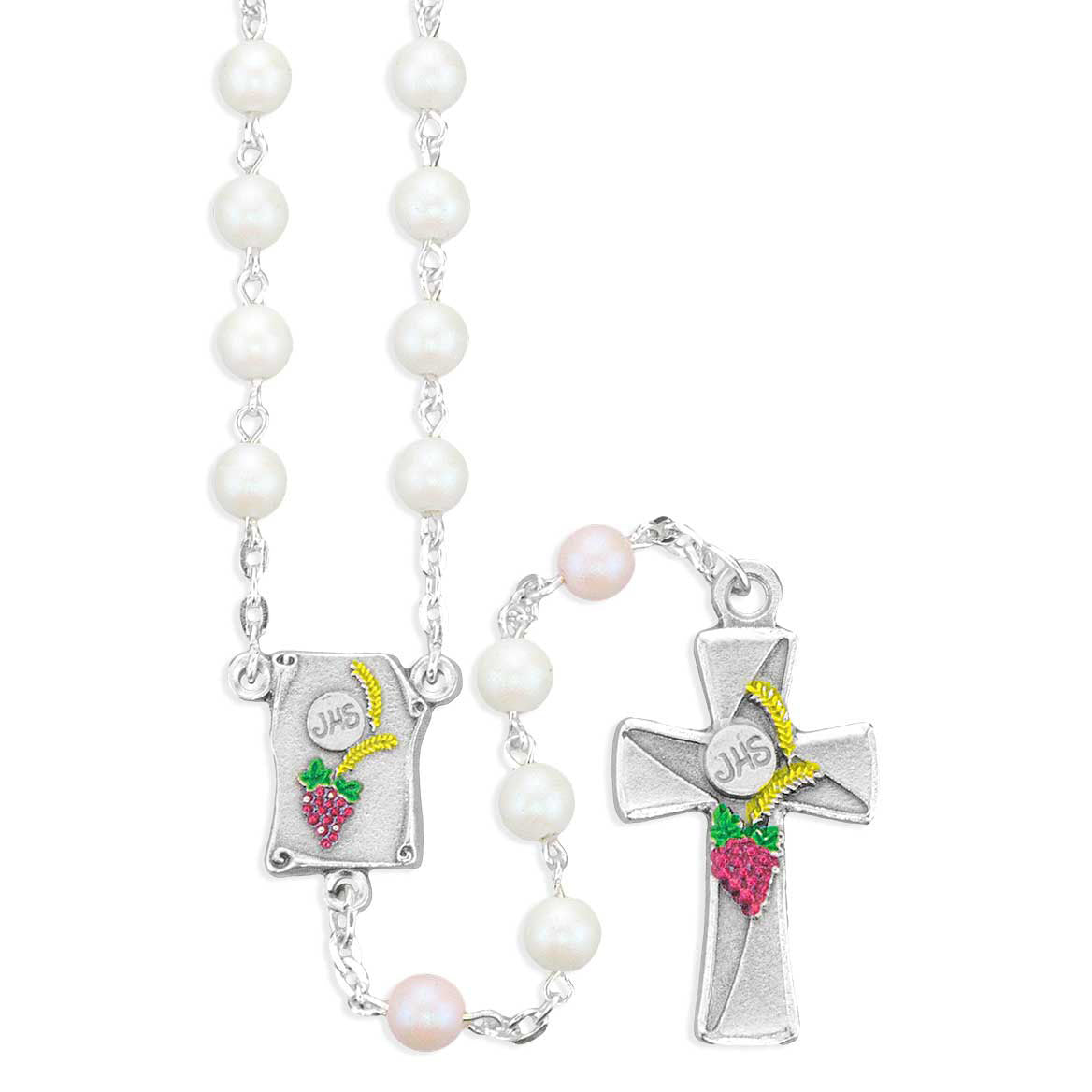 1st Communion 6mm White & Rose Pearlized Glass Bead Rosary 80008WP