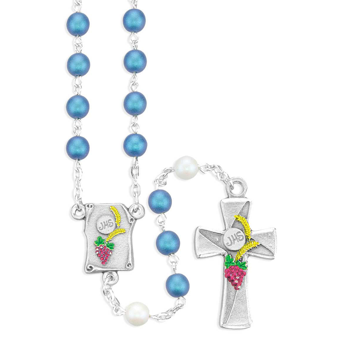 1st Communion 6mm Blue & White Glass Bead Rosary 80006BW