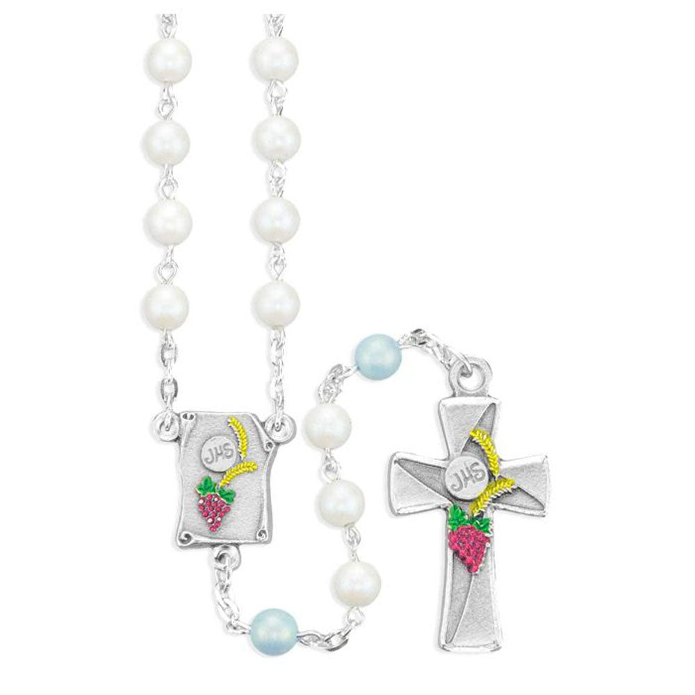 1st Communion 6mm White & Blue Pearlized Bead Rosary 80007WP