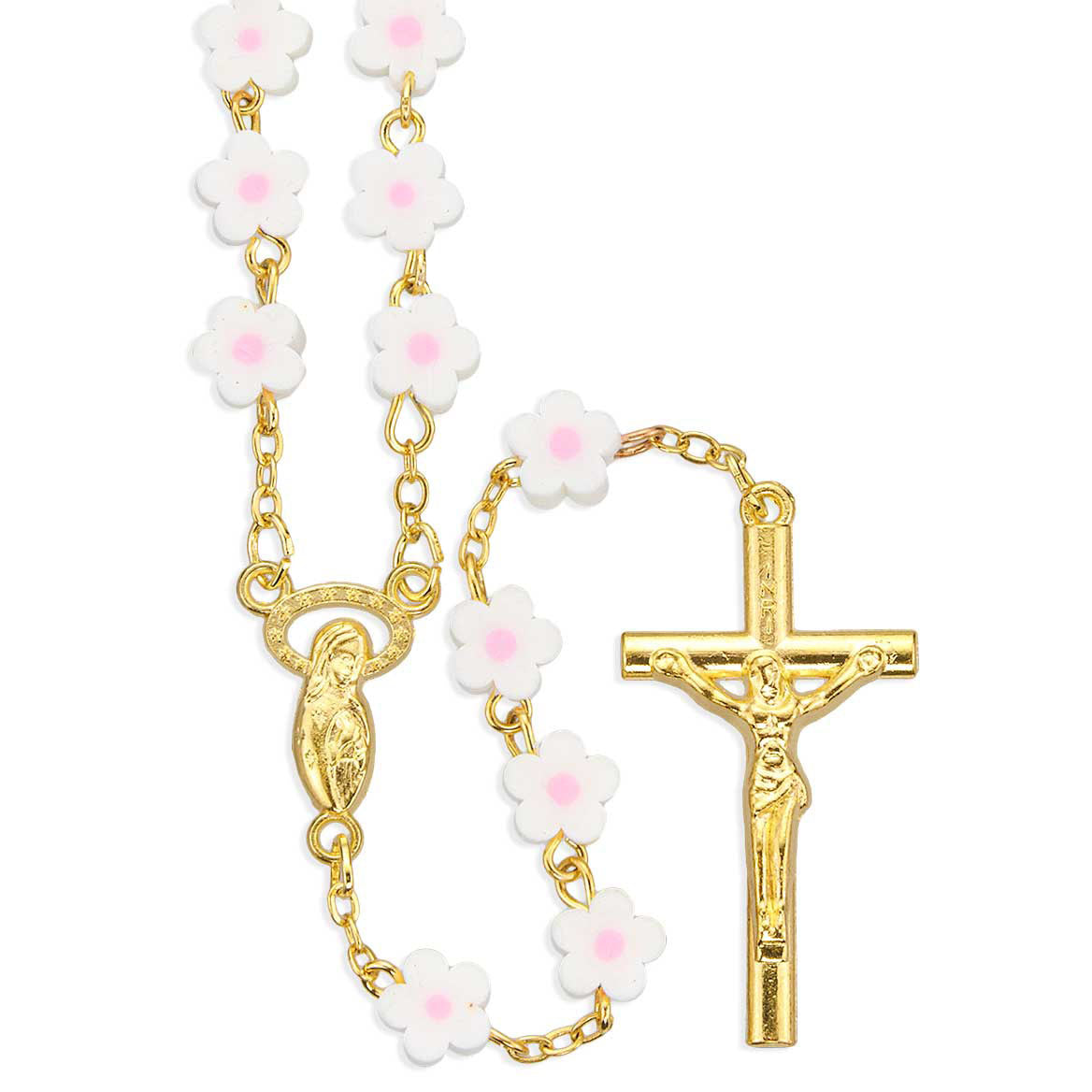 7mm White & Pink Floral Shape Fimo Bead Rosary