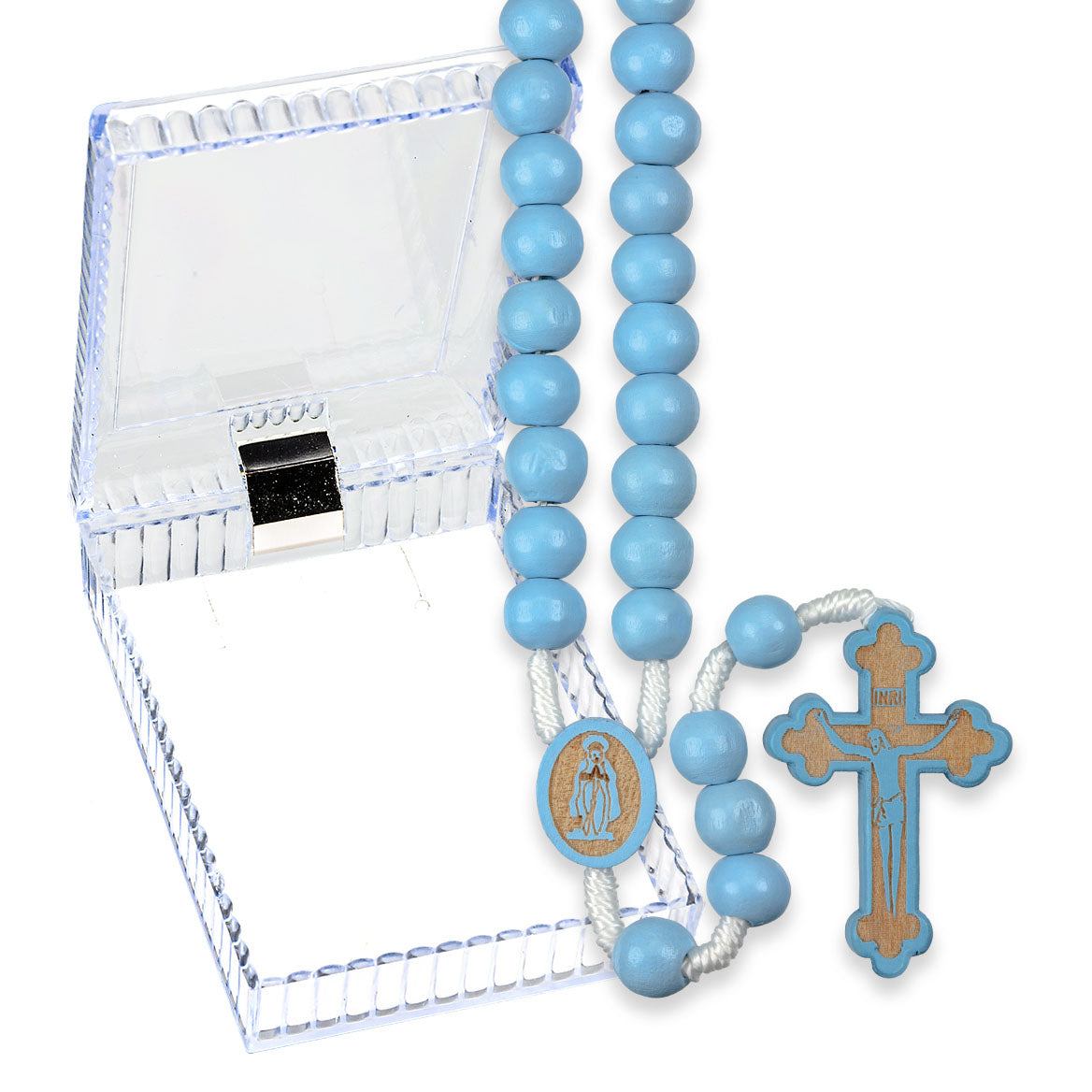 Blue Wood Bead Corded Rosary 01183BLBX