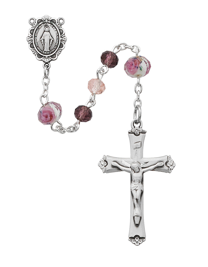 Sterling SIlver Pink, Purple & Floral Crystal Bead Rosary