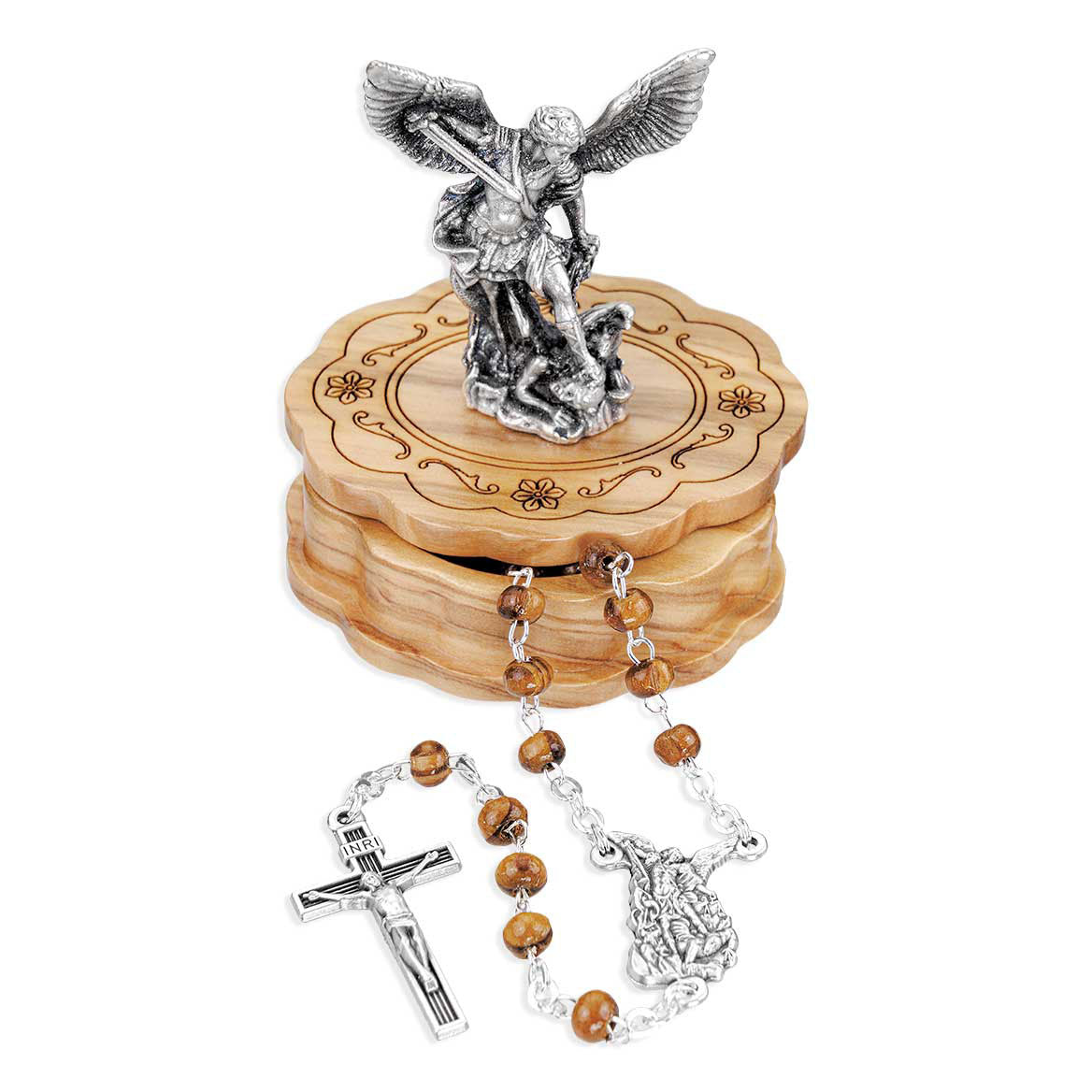 St Michael Wood Box with Figure & Matching Rosary