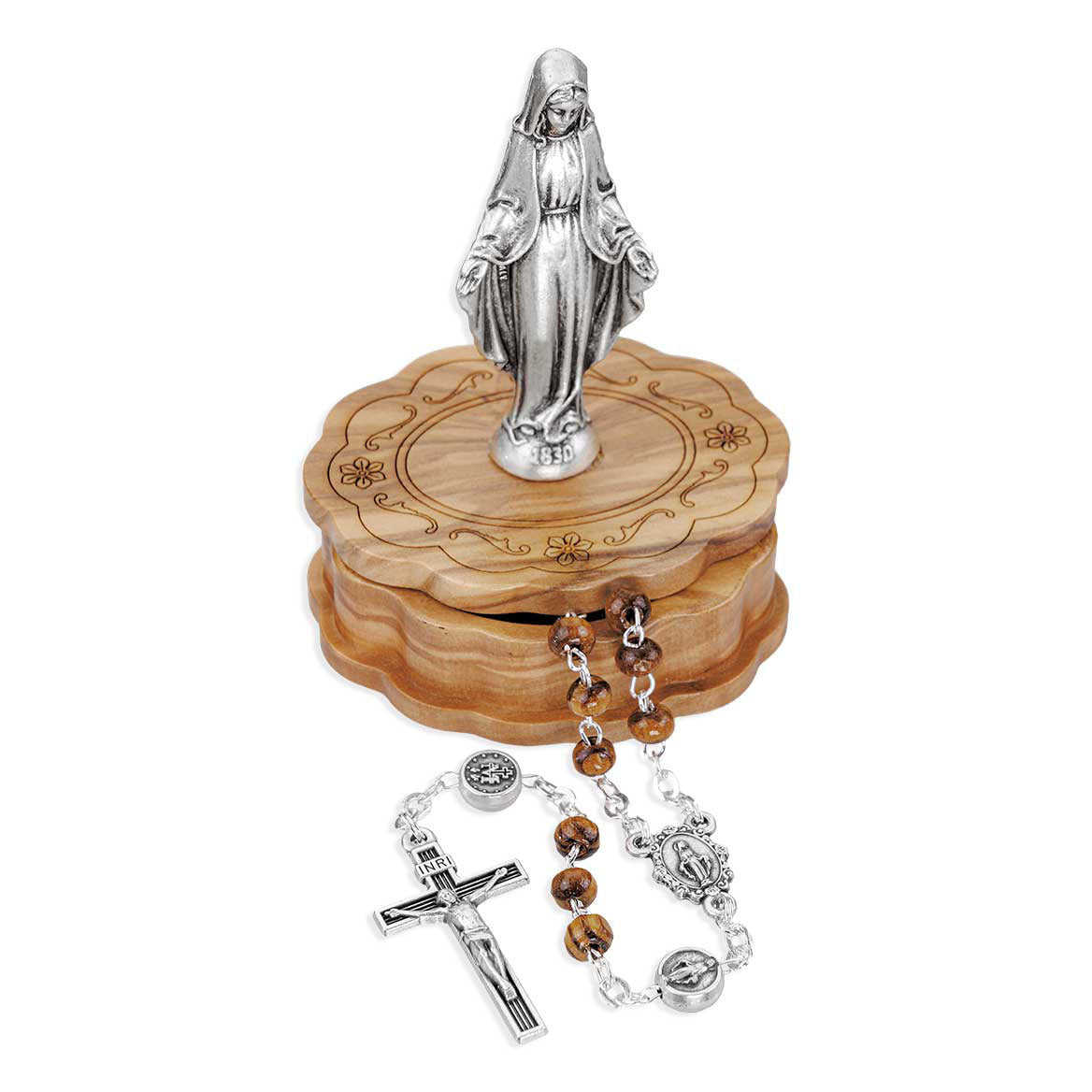 Miraculous Medal Wood Box with Figure & Matching Rosary