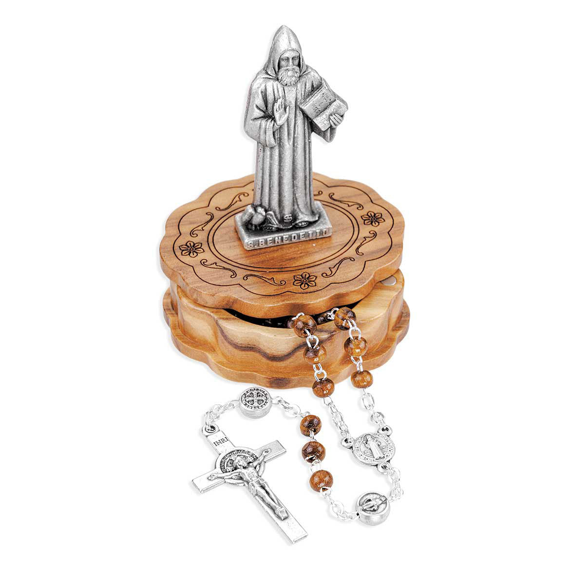 St Benedict Wood Box with Figure & Matching Rosary