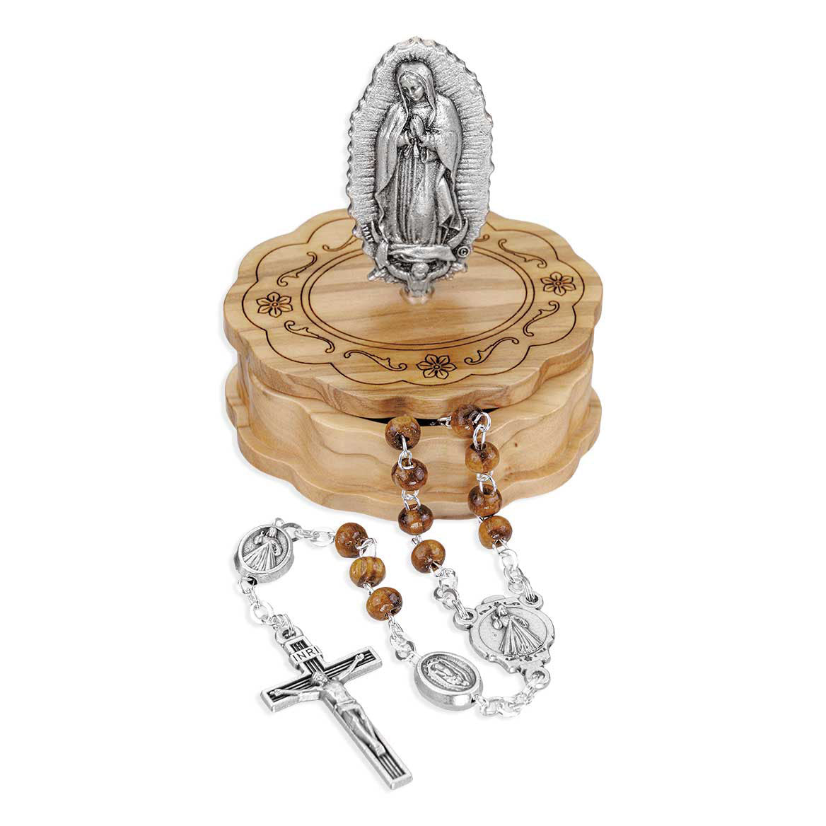 Our Lady of Guadalupe Wood Box with Figure & Matching Rosary