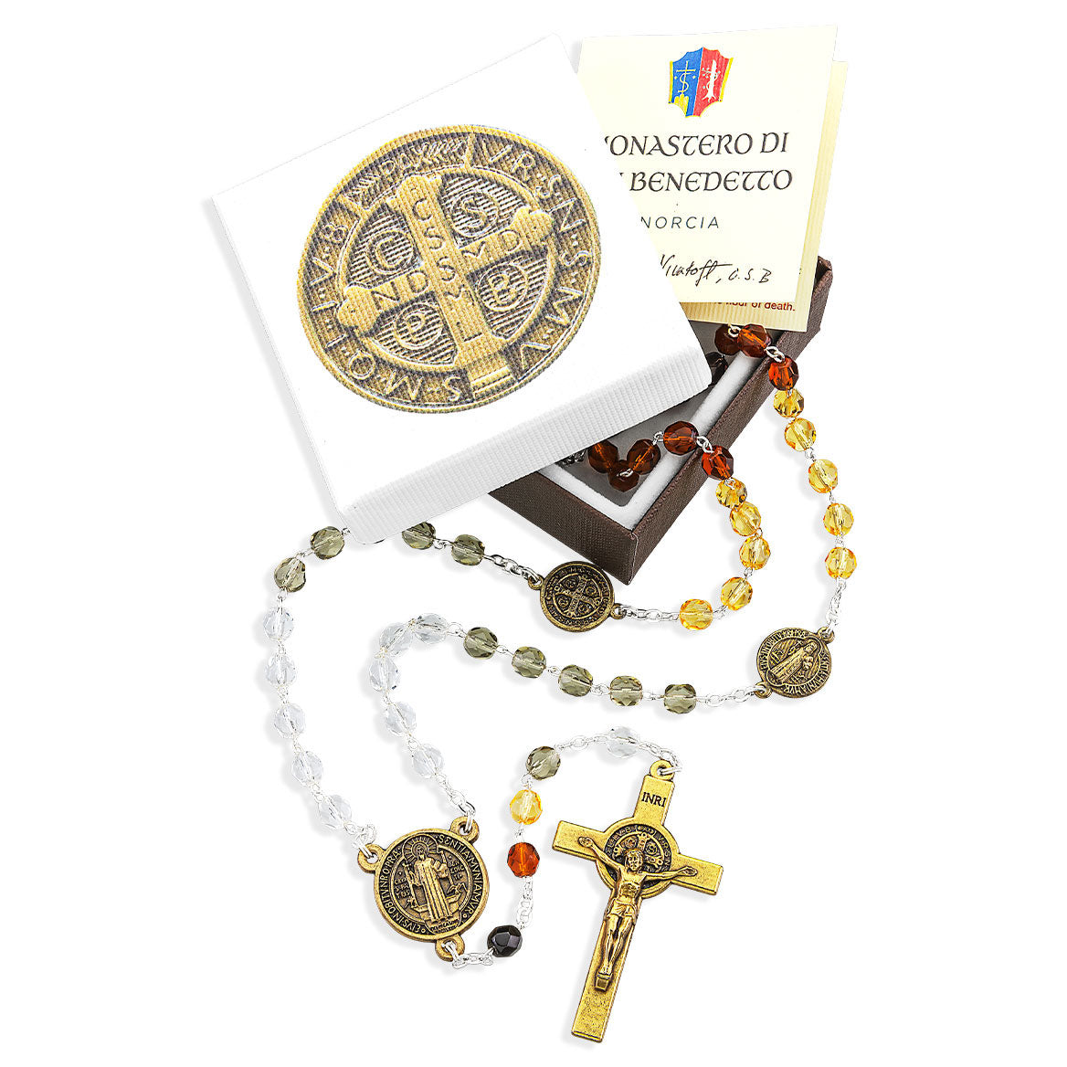 Multi Color Crystal St Benedict Specialty Rosary in Gift Box 1329