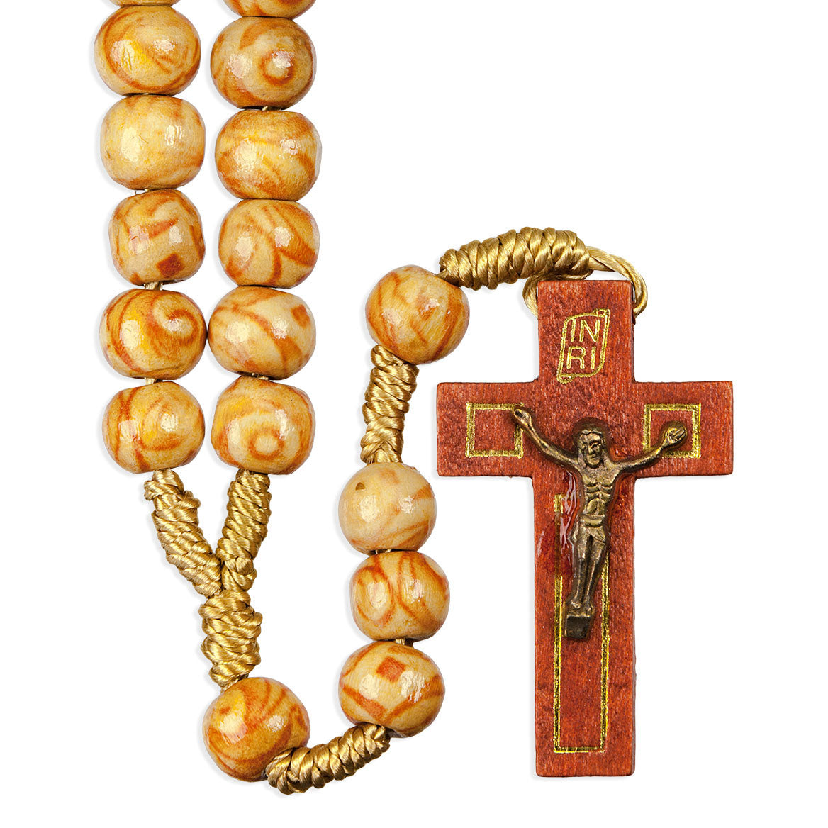 Value Marbleized Light Wood Bead Rosary with Wood Crucifix
