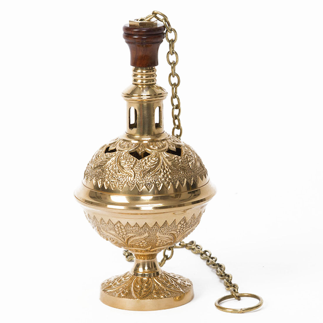 Ornate Rounded Brass Censer with Single Chain H-134SC