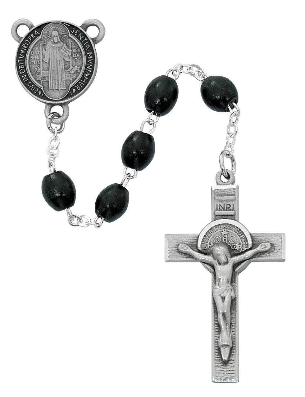 Saint Benedict Rosary Black Oval Wood Beads - R779F