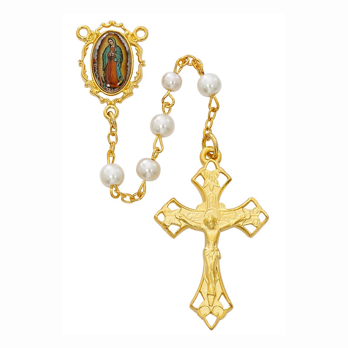 Gold Plated Our Lady of Guadalupe Pearl Rosary