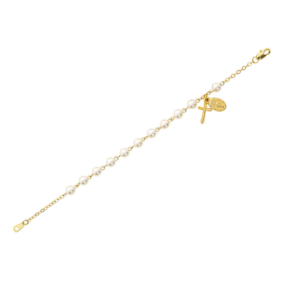 Pearlized Glass Rosary Bracelet Gold Plated Pewter BR753
