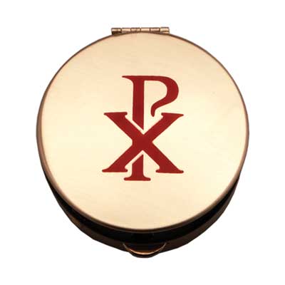 Brass Pyx with Red Chi Rho Design -Size 1 - holds 6-9 hosts