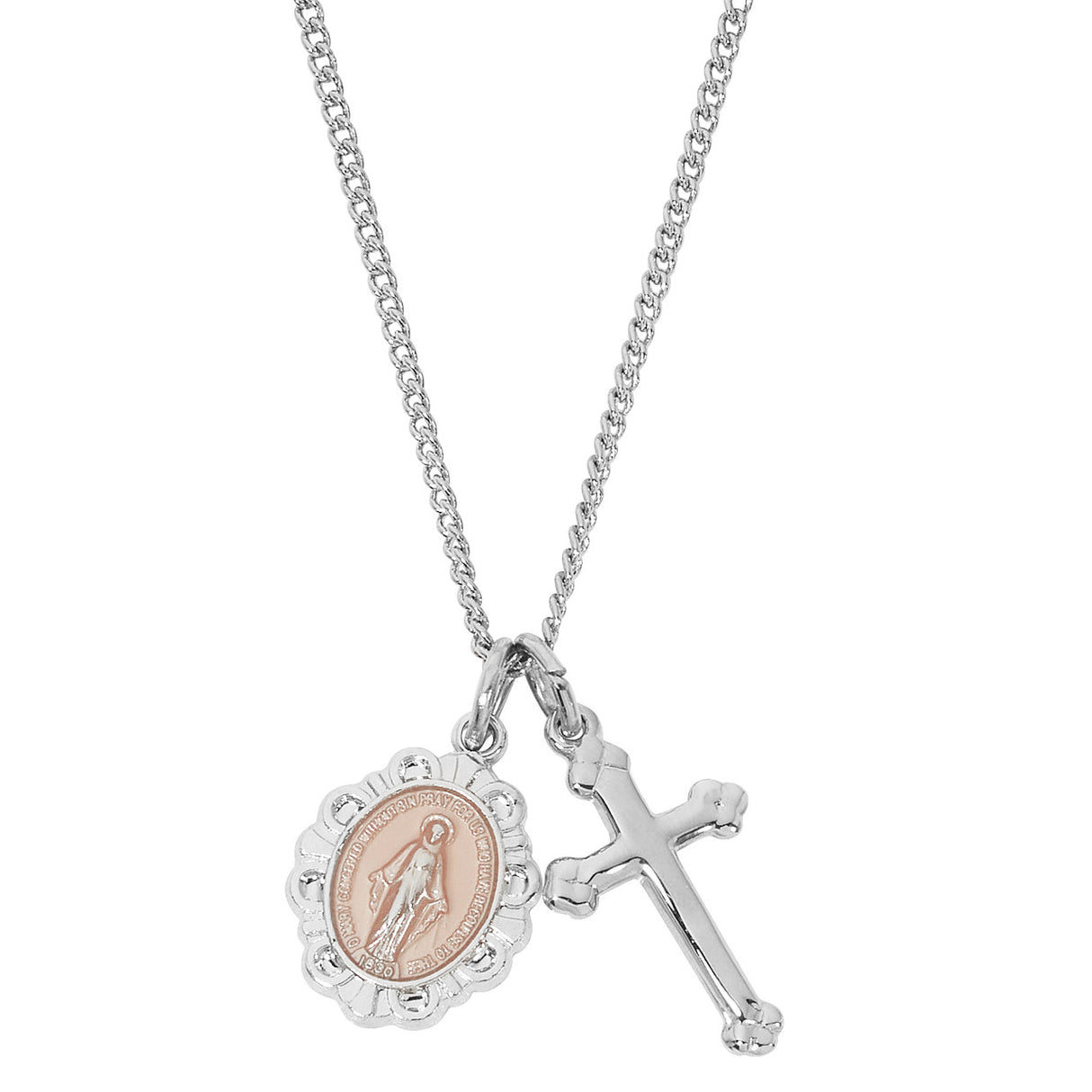Petite Silver with Pink Miraculous & Cross Pendant Necklace LD107