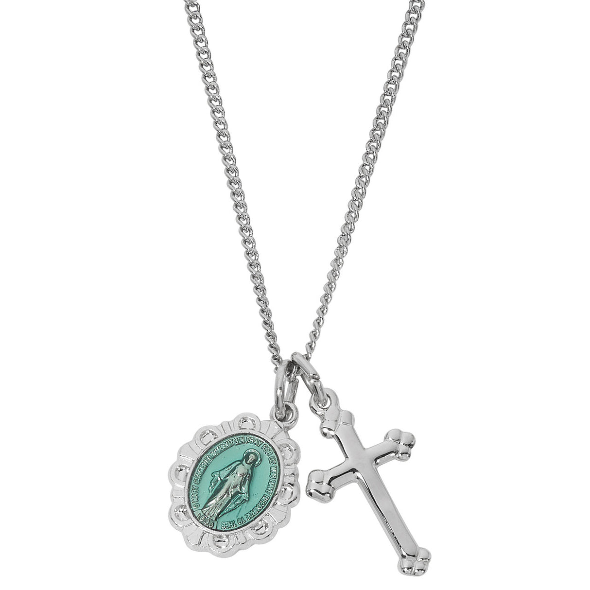 Petite Silver with Blue Miraculous & Cross Pendant Necklace LD106