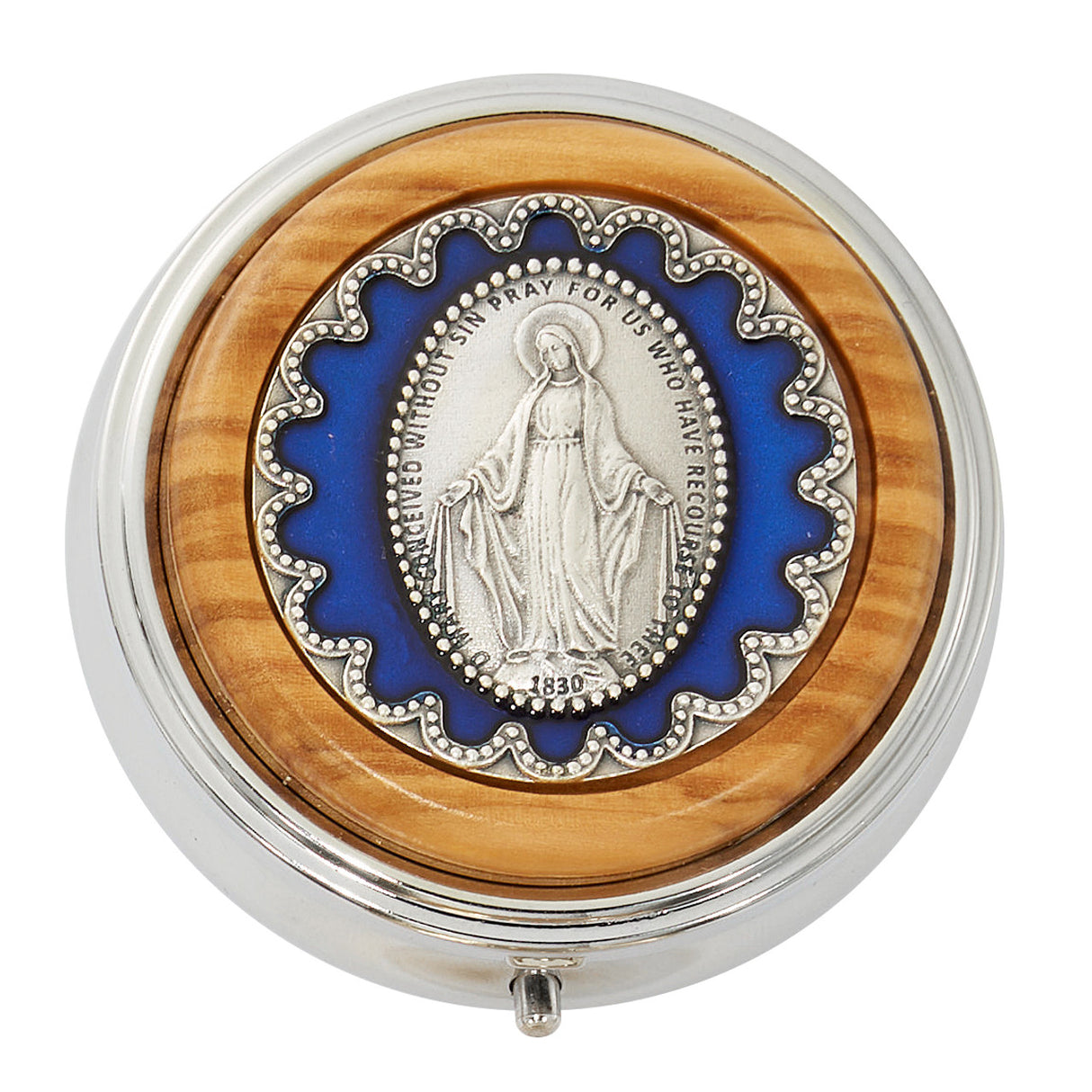 2" Wood & Enamel Miraculous Medal Pill or Rosary Box 119-26
