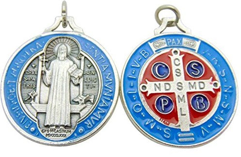 1-1/4 inch Blue & Red Epoxy St. Benedict Medal in Silvertone