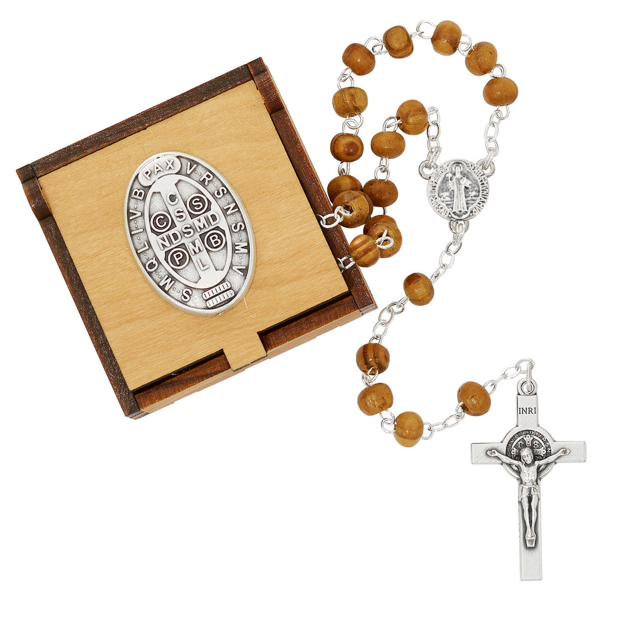 St Benedict Medal Wood Rosary & Rosary Box 35-29