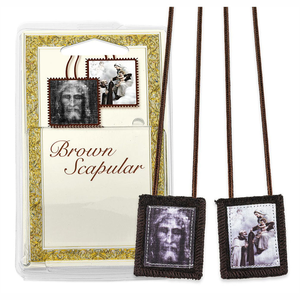 Holy Face Brown Wool Blend Scapular in Deluxe Packaging