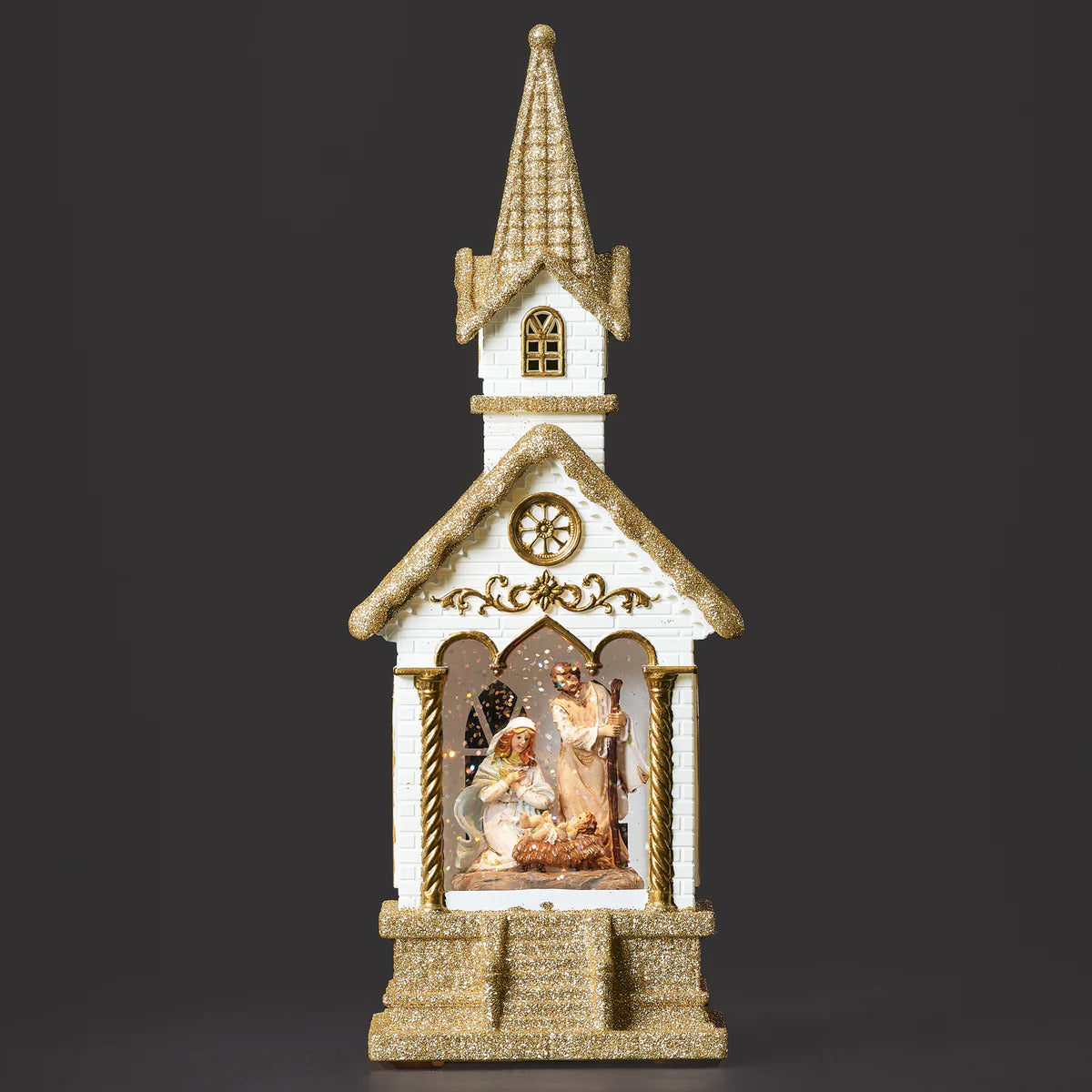 Confetti Lites Lighted Swirl White and Gold Church with Holy Family