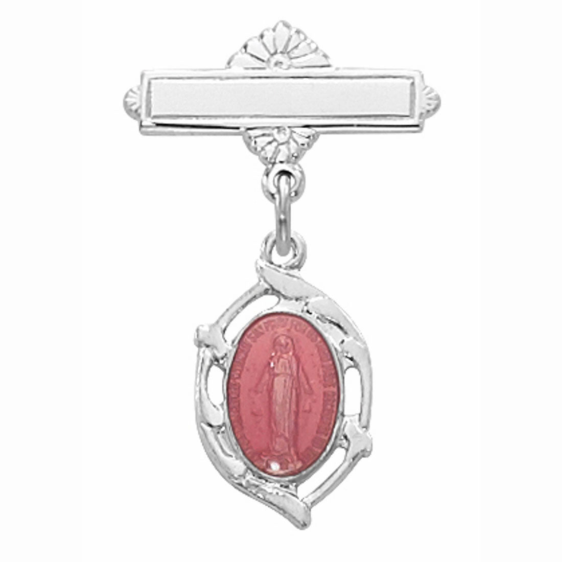 Baby Sterling Miraculous Medal on Bar Pin with Pink Epoxy 432LT